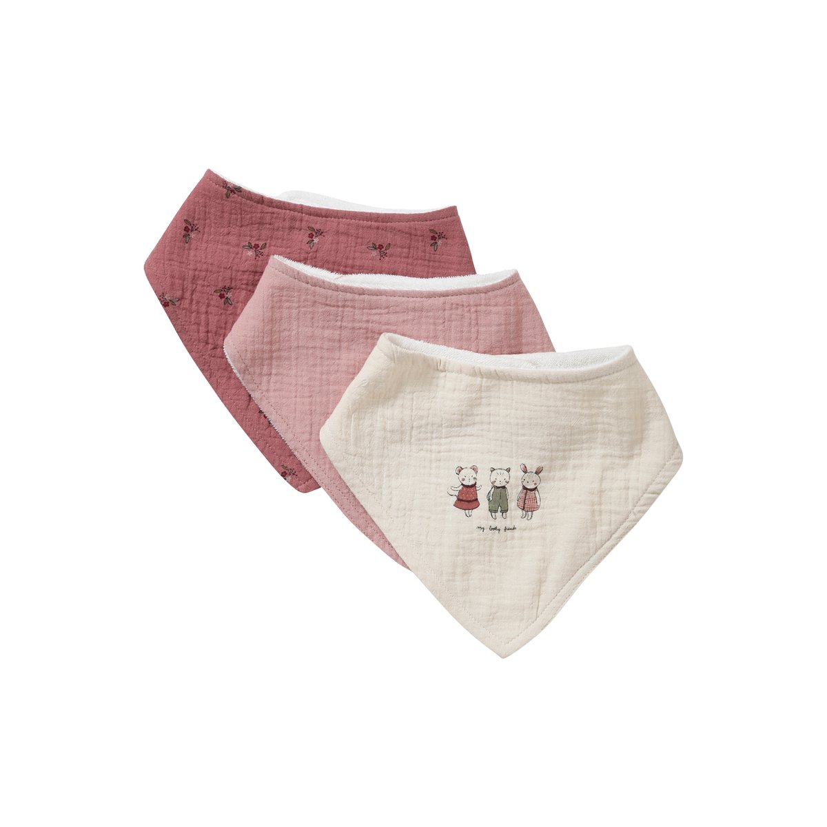 Lot 3 bavoirs bandanas en gaze de coton / éponge rose grenier, VERTBAUDET