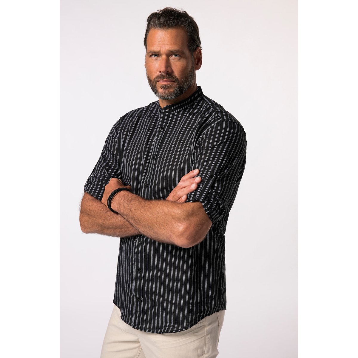 Chemise à rayures en lin mélangé noir, JP1880