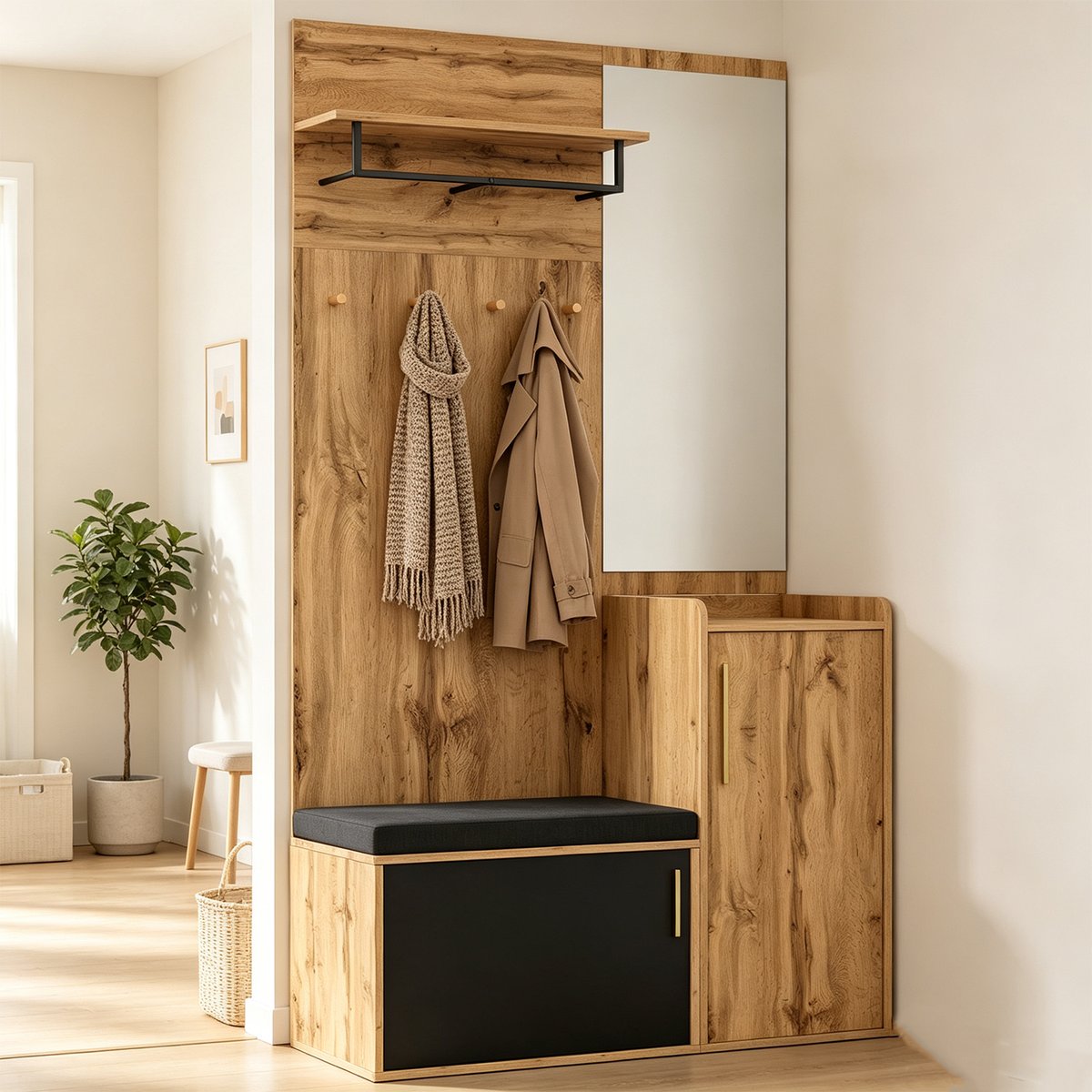 Vestiaire d'entrée avec miroir banc et rangement, PORTER-H hêtre, MEUBLES COSY