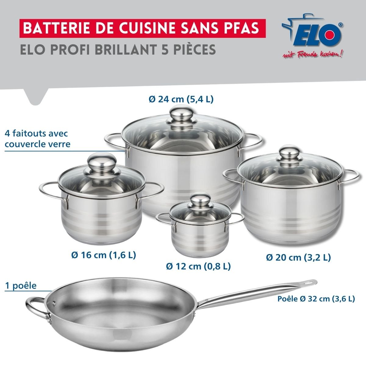 Batterie 1 poêle 32cm + 4 faitouts 12/16/20/24cm PROFI BRILLANT gris, ELO