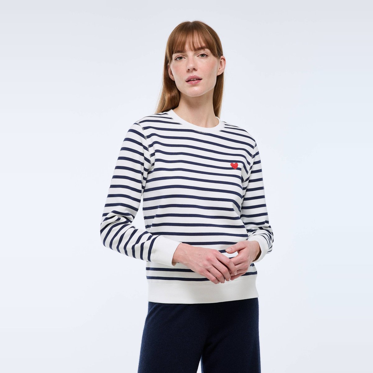 Sweat marinière avec broderie coeur en molleton blanc, MONOPRIX