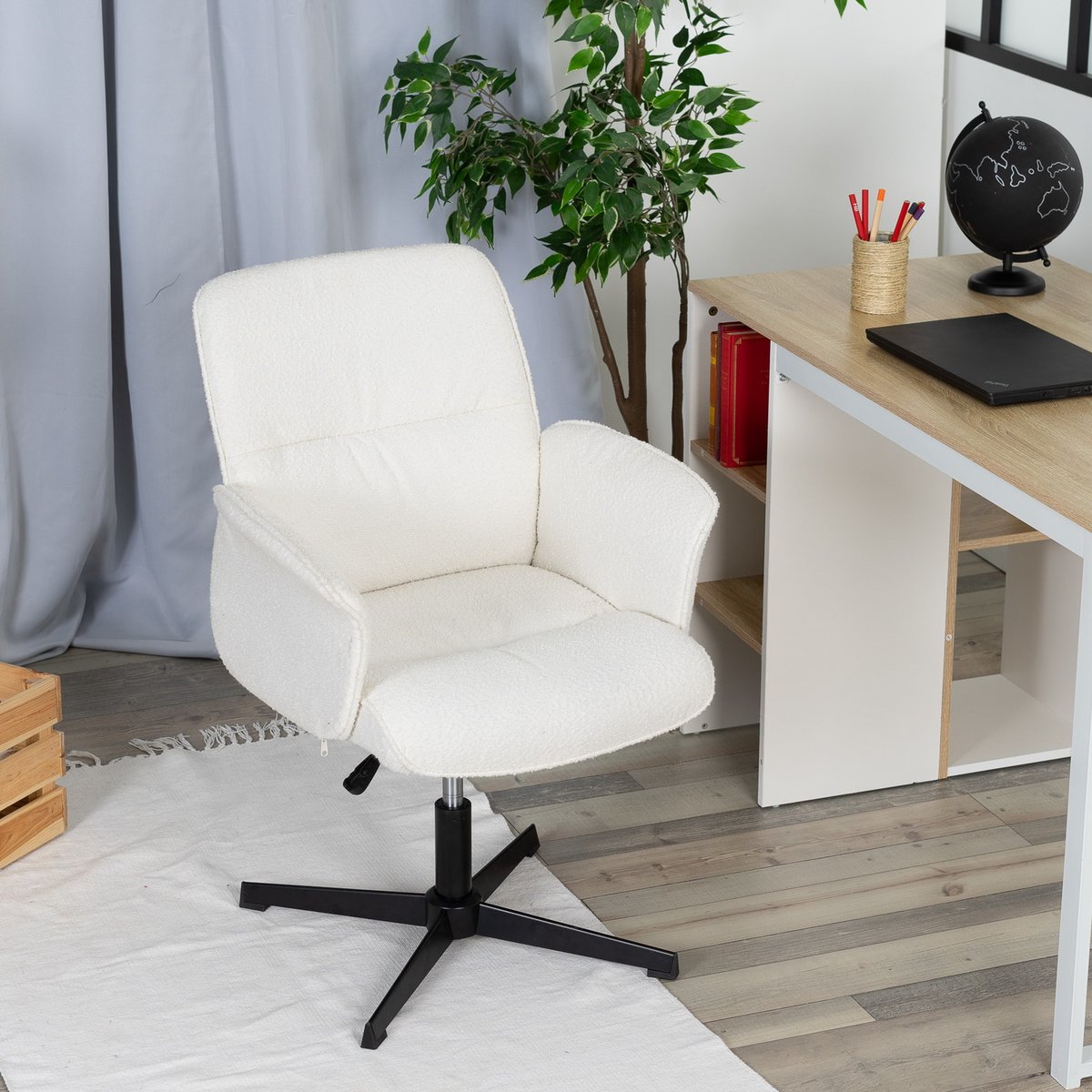 Chaise de bureau rotatif réglable en hauteur en bouclette, THOMASINAOFFICE crème, MEUBLES COSY