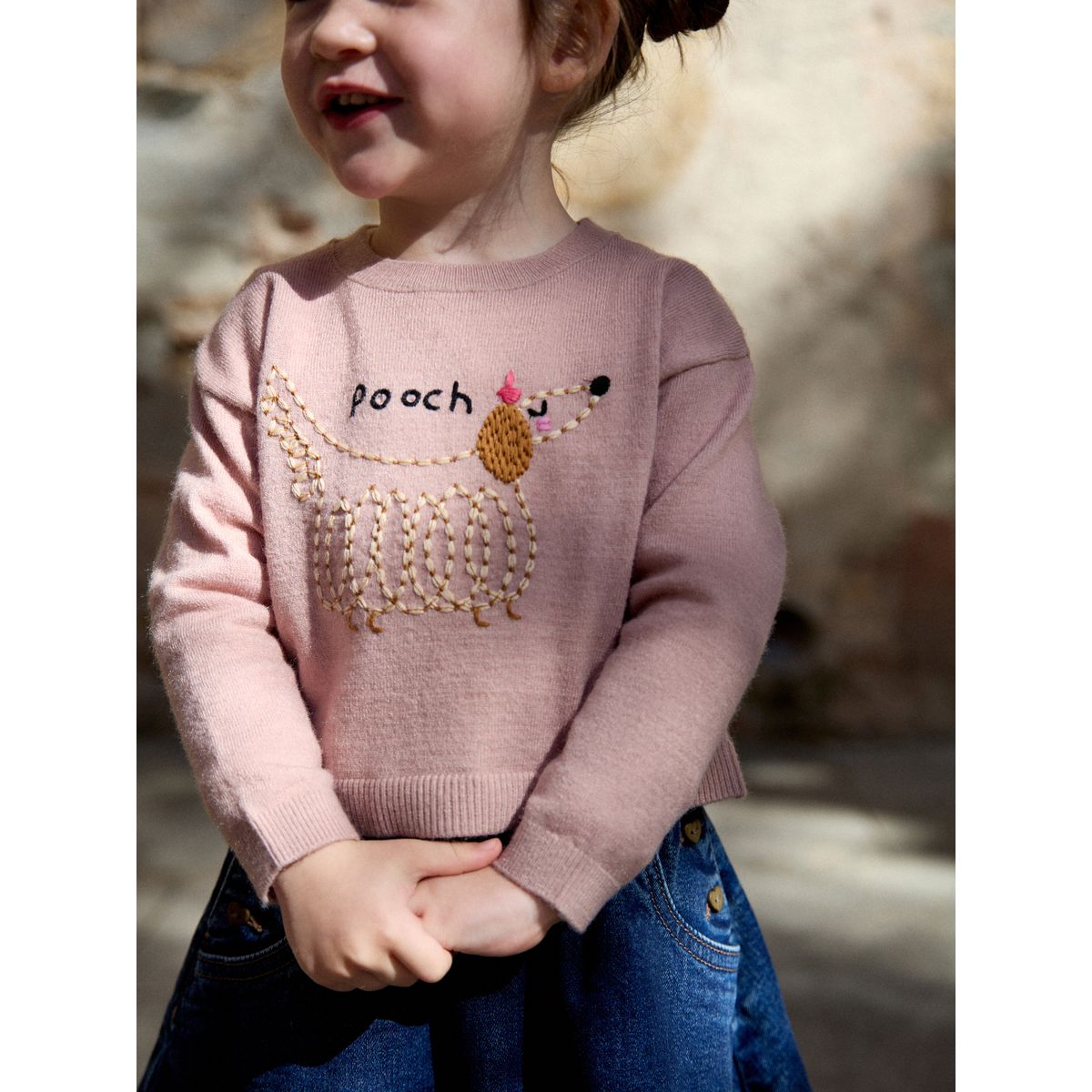 Pull coupe carrée pooch rose brodé, NEXT