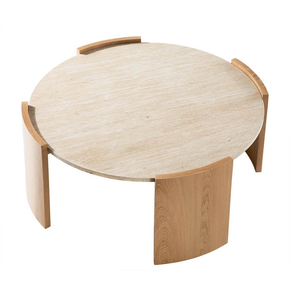 Table basse ronde effet travertin et bois - IZIA bois clair, CALICOSY