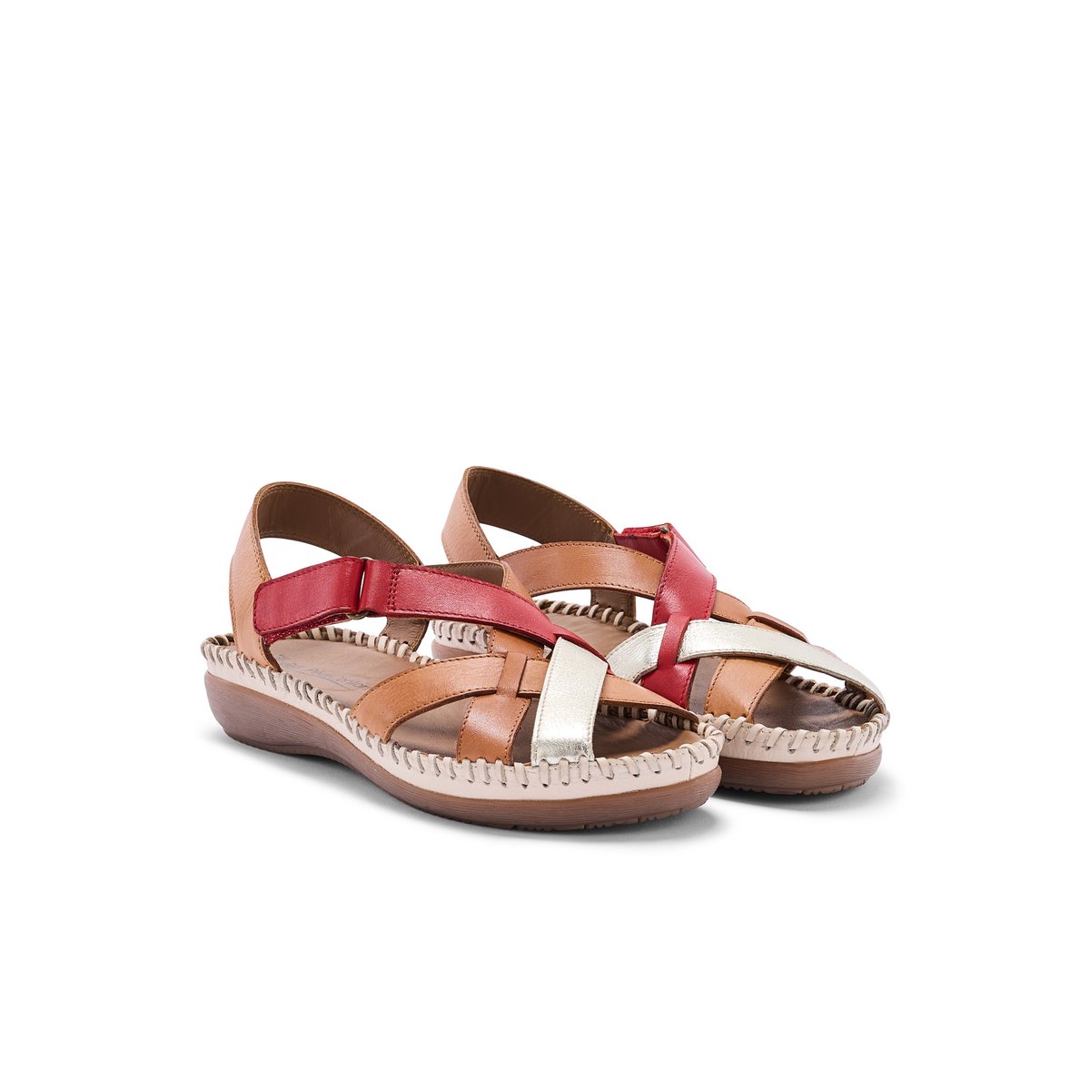 Sandales tout cuir à scratch camel multicolore, PEDICONFORT