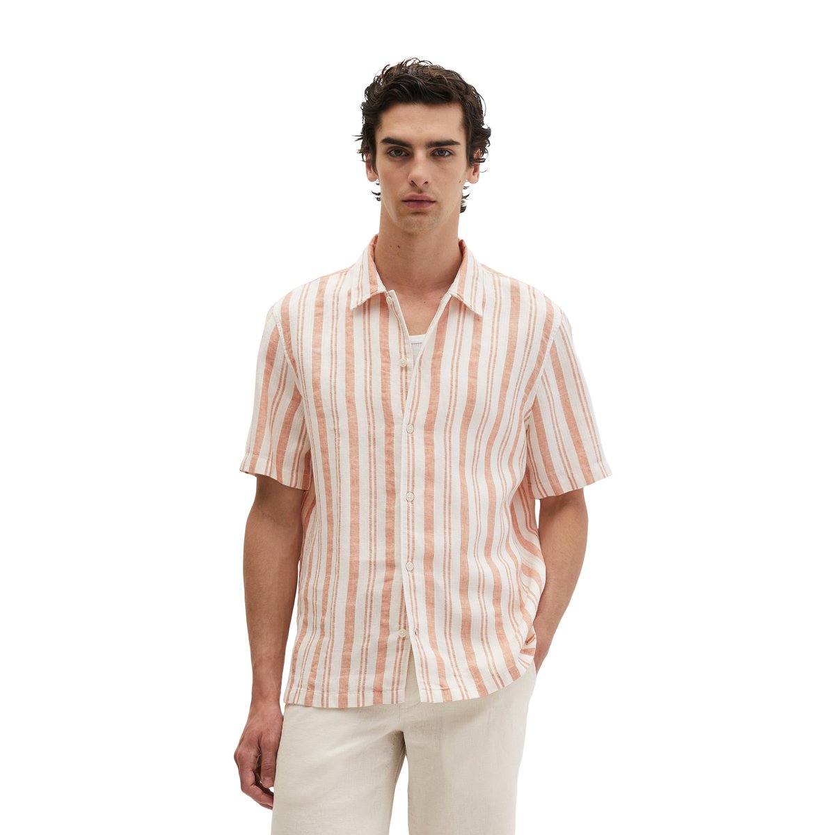 Chemise à manches courtes regular en coton bio et en lin orange, MARC O'POLO