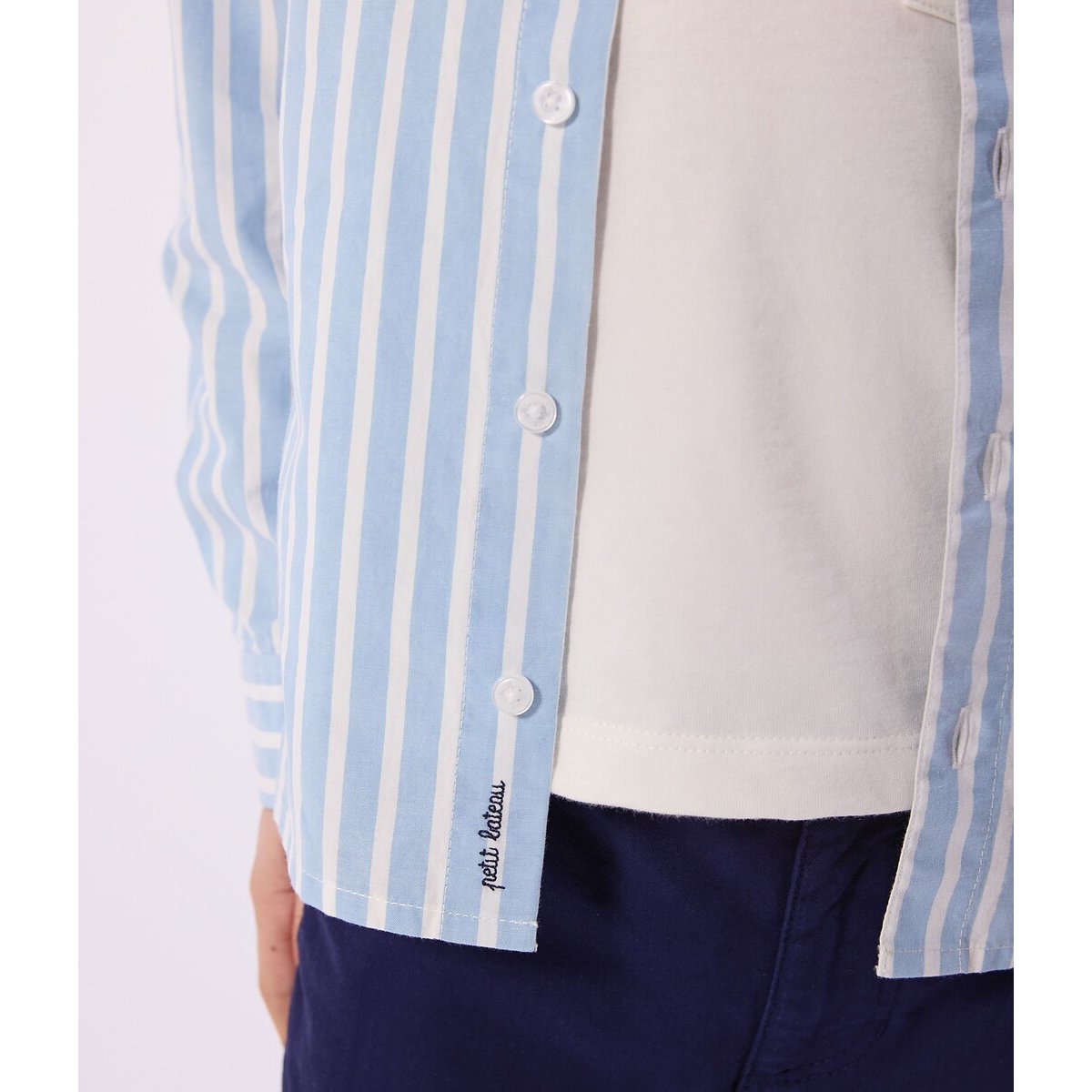 Striped Cotton Shirt with Long Sleeves blue striped/white, PETIT BATEAU
