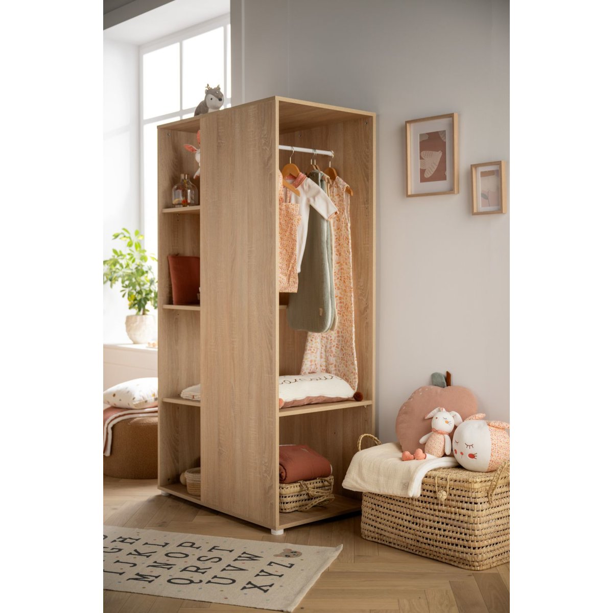 Meuble de rangement avec étagères et penderie en décor bois marron, BABY PRICE