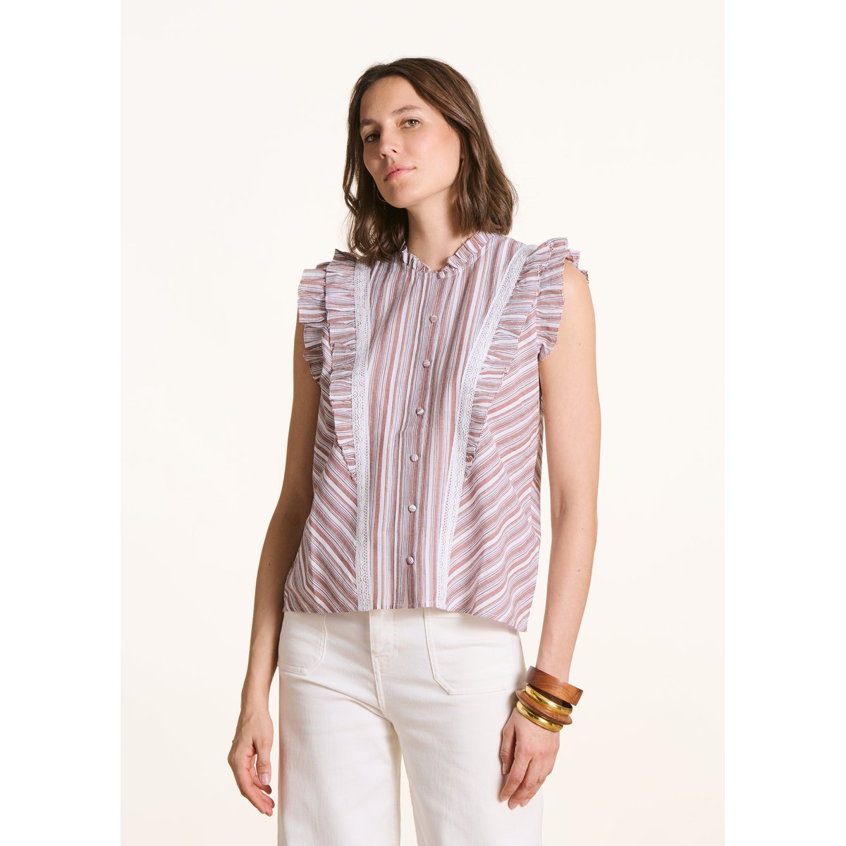 Chemise rayée à volant sans manches blanc/marron, LA FEE MARABOUTEE