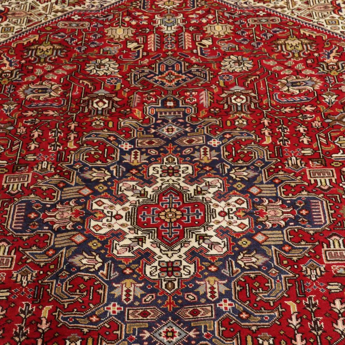 Tapis d'orient oriental, noué main, laine et soie, TABRIZ A rouge, beige, bleu, UN AMOUR DE TAPIS