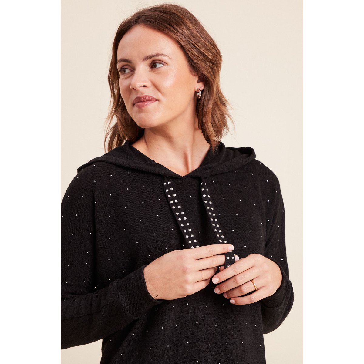 Pull à capuche manches longues strass noir, BREAL