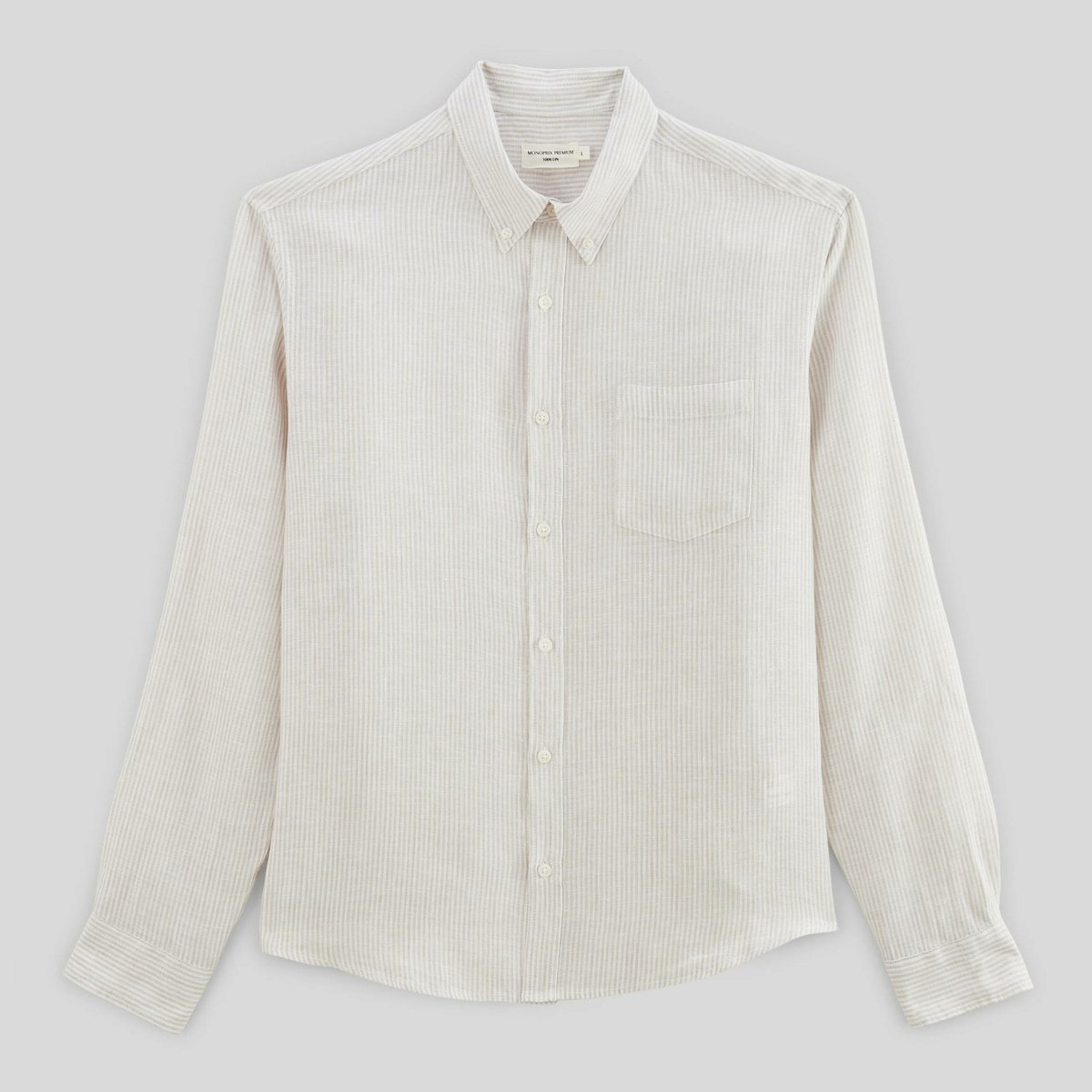 Chemise manches longues rayée en lin levure, MONOPRIX