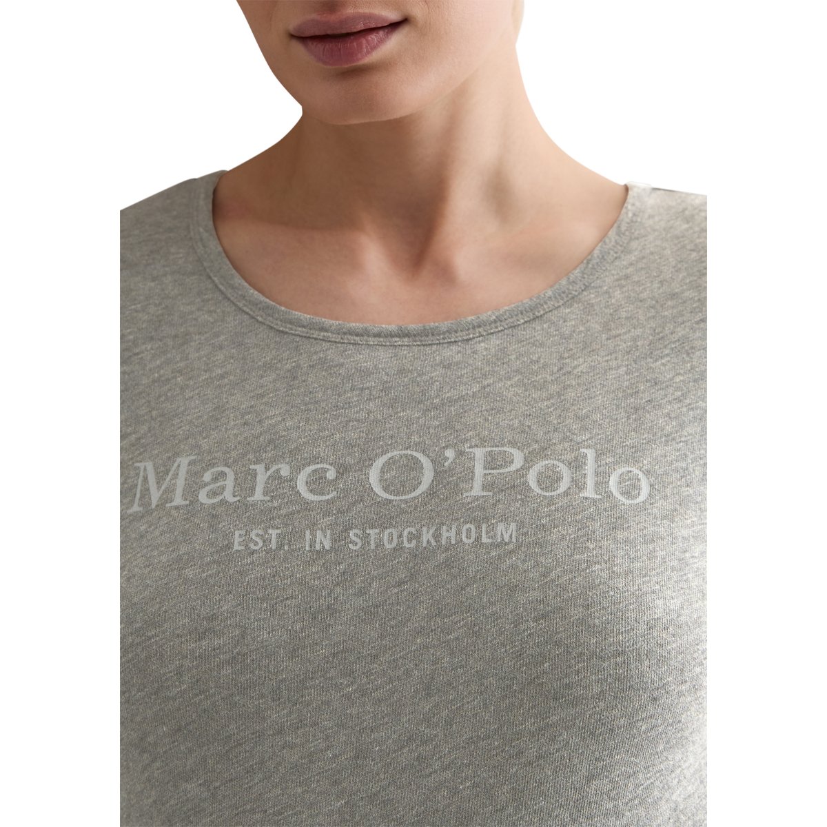 T-shirt long à logo regular en jersey slub gris, MARC O'POLO