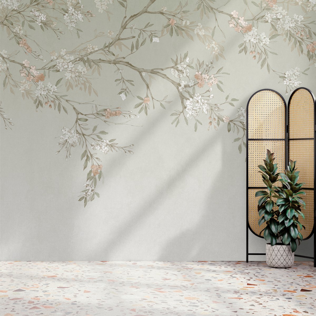 Papier peint panoramique Branches fleuries vert sauge, beige, SUPERFRESCO EASY