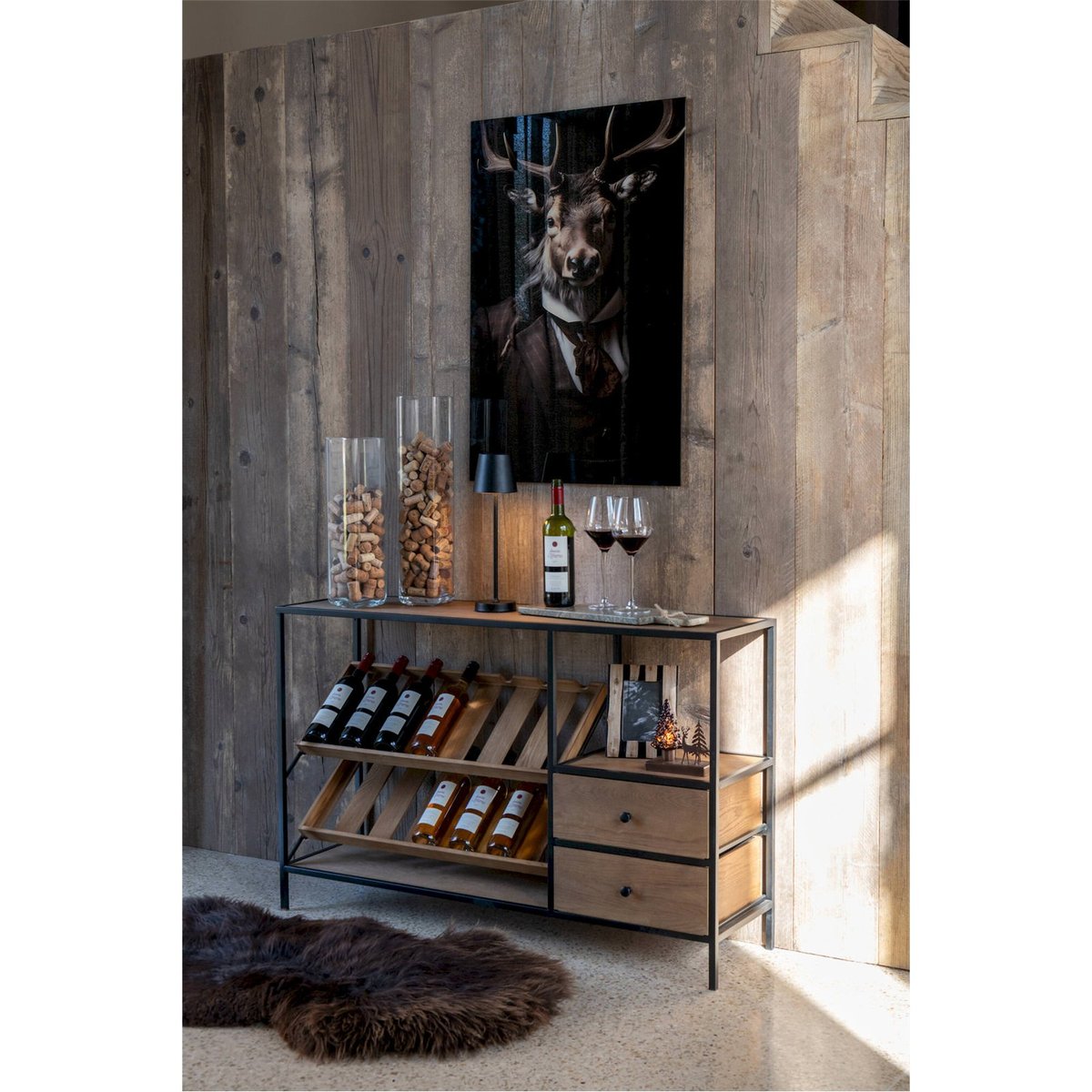 Meuble bar rectangulaire en bois avec rangement bouteilles bois naturel et métal noir, RECOLLECTION