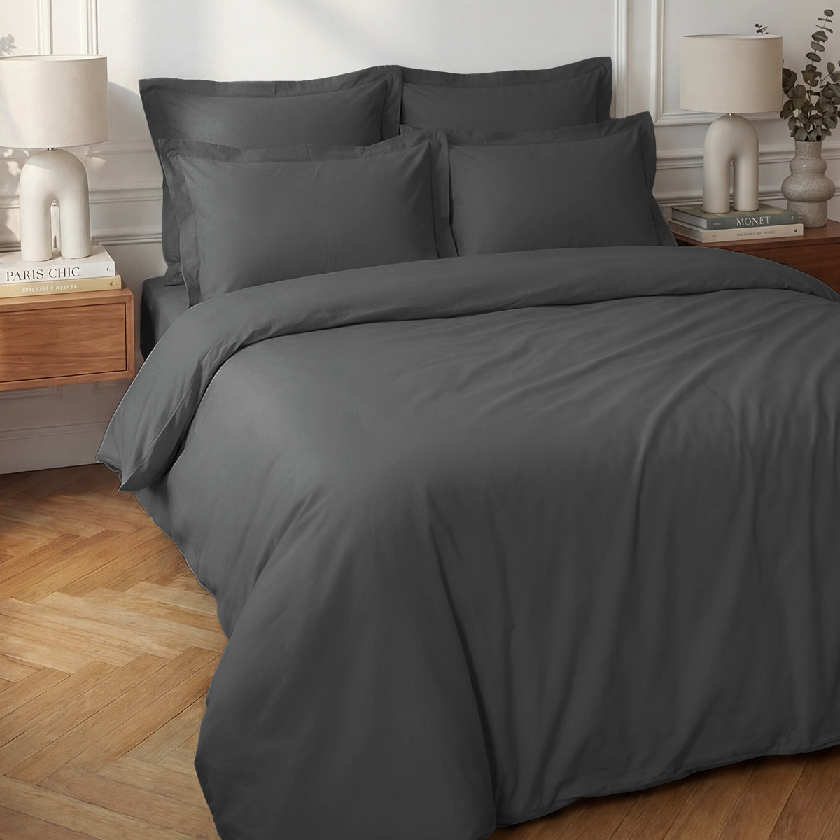 Parure housse de couette + 2 taies 65x65 cm SOFT PERCALE anthracite, SENSEI MAISON