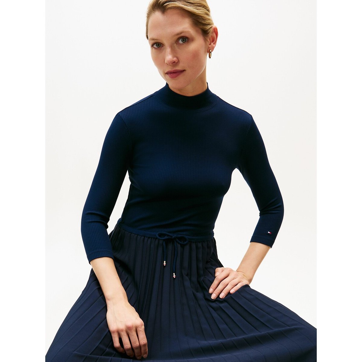 Pleated Midi Dress with 3/4 Length Sleeves navy, TOMMY HILFIGER