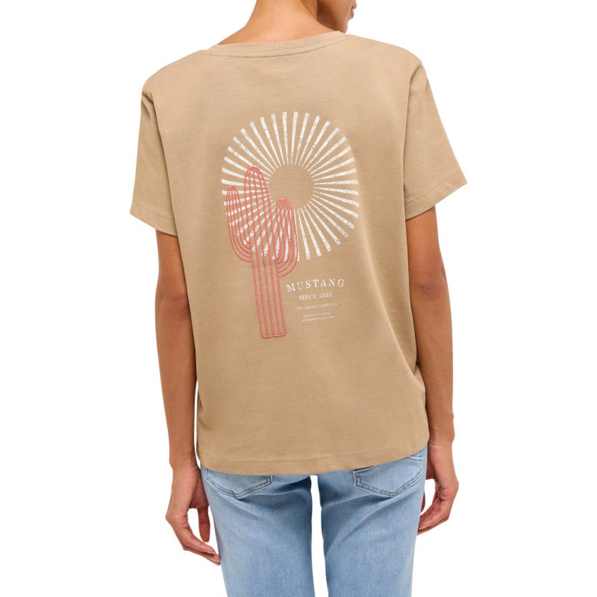 T-shirt en coton taupe uni pourvu d'une coupe droite et d'un col rond gris, MUSTANG