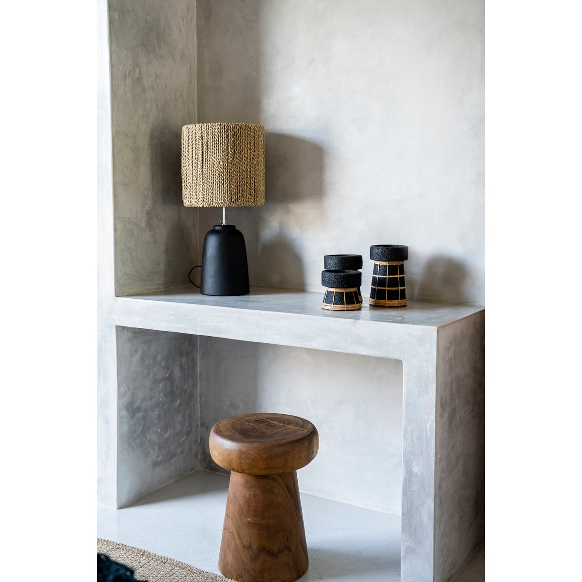 Bougeoir en terre cuite et rotin SERENE noir beige, BAZAR BIZAR