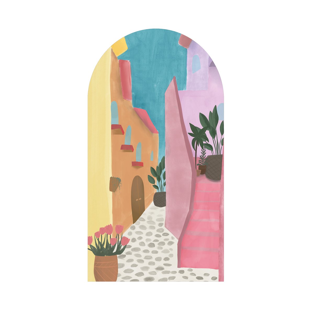 Toile Arche Plein été, ambiance du Sud rose, jaune, abricot, bleu azur, ART FOR THE HOME