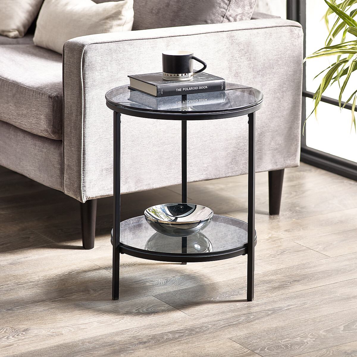Dallas Smoked Glass Round Side Table with Shelf smoky glass, SO'HOME