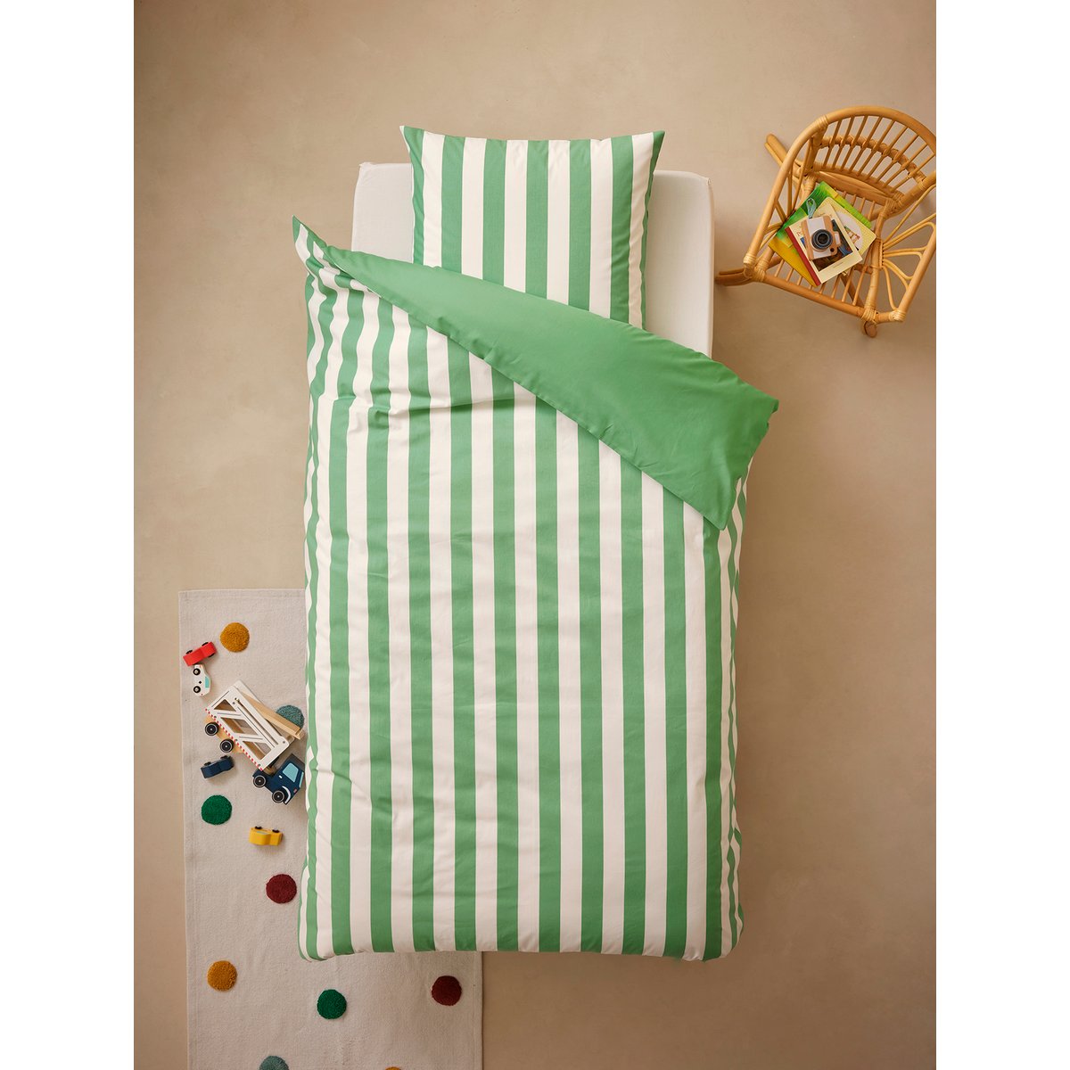 Parure housse de couette et taie d'oreiller avec coton recyclé TRANSAT rayé vert, VERTBAUDET