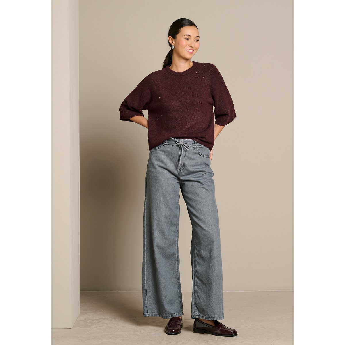 Pull scintillant à manches 3/4 aubergine, LOLALIZA