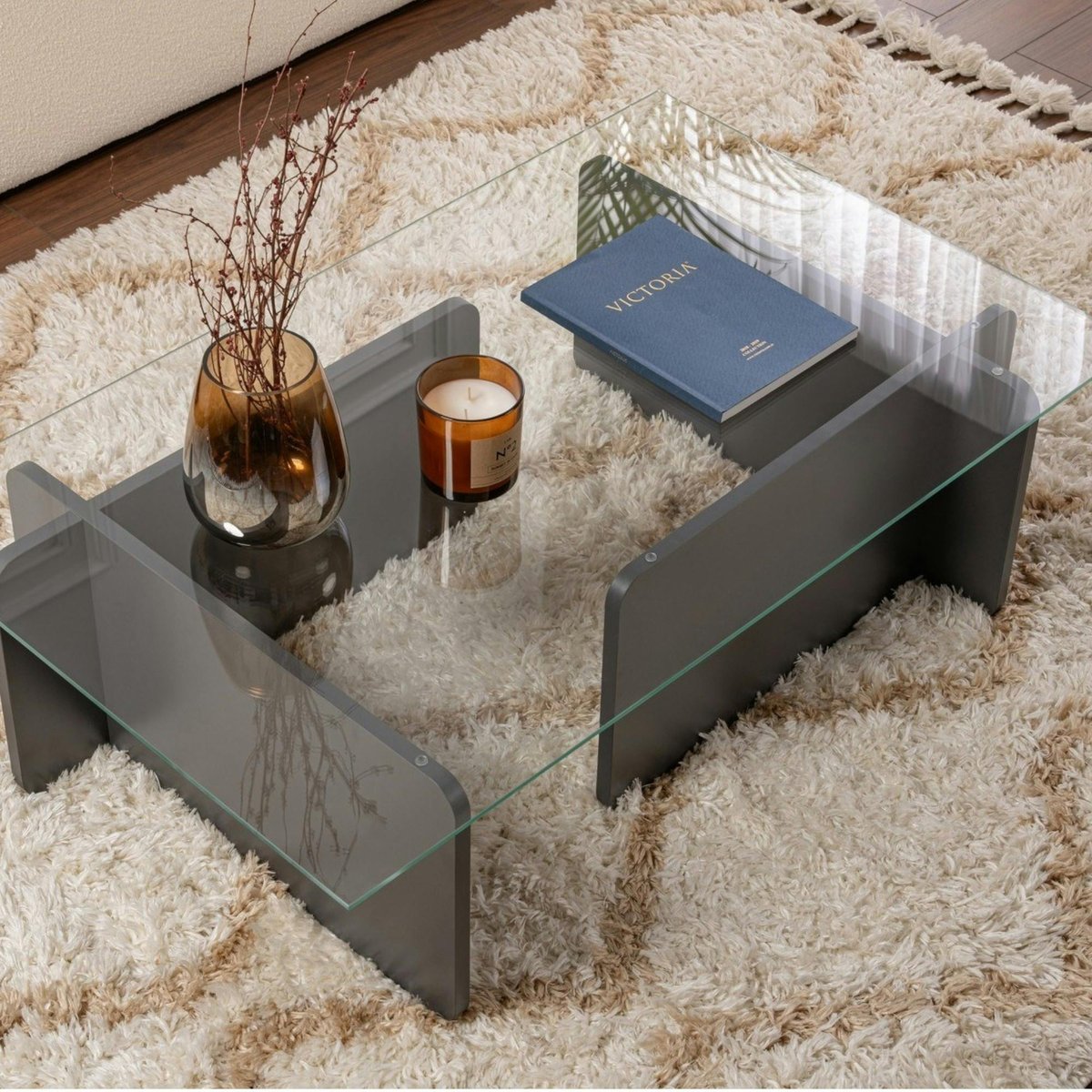 Table basse déstructurée, plateau verre SALTA anthracite, PIER IMPORT