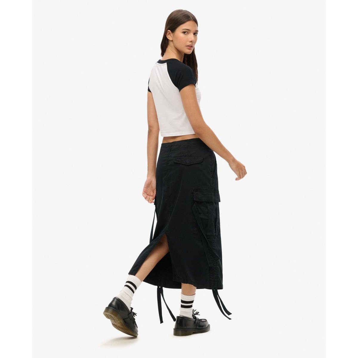 Jupe mi-longue cargo noir délavé, SUPERDRY