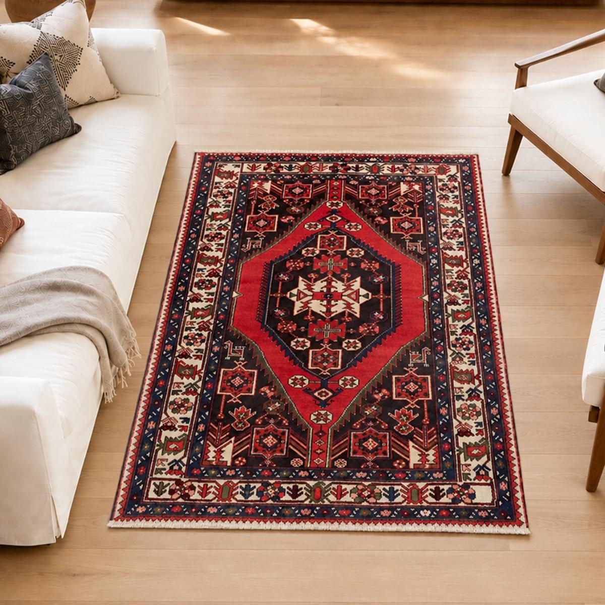 Tapis d'orient oriental, noué main en laine, HAMADAN 27 rouge, crème, noir, UN AMOUR DE TAPIS