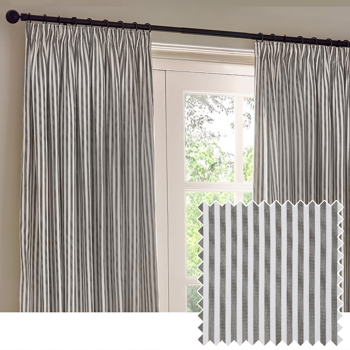 Hebden Striped Cotton Pencil Pleat Curtains grey, YARD