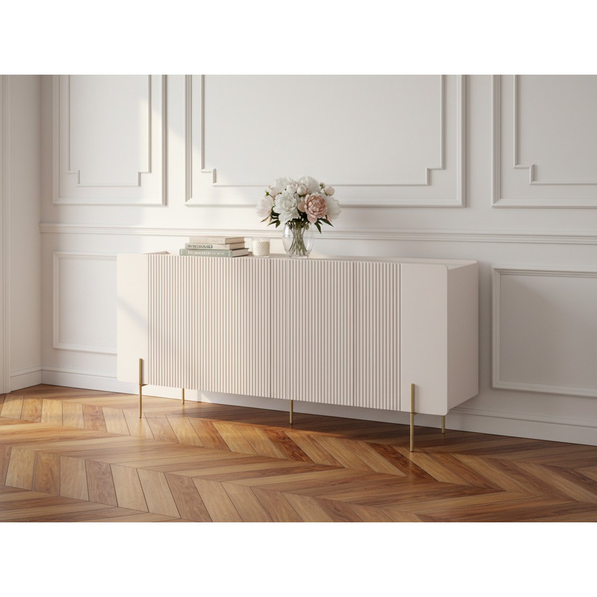 Buffet bas en panneaux de particules et MDF 4 portes 200 cm, MATHILDE beige, BOBOCHIC