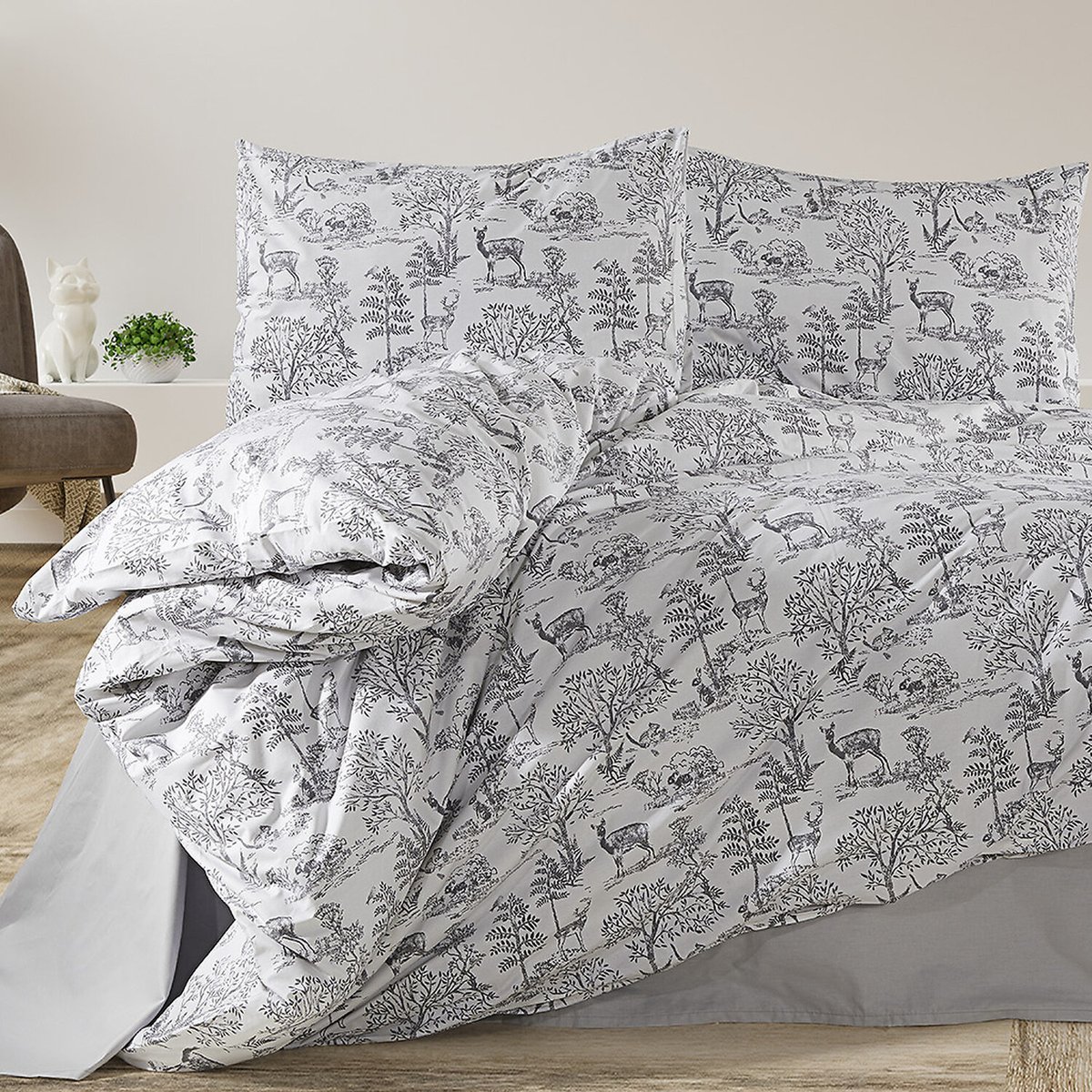 Paure de couette et tai(e) coton imprimé, florinda gris, C DESIGN HOME TEXTILE