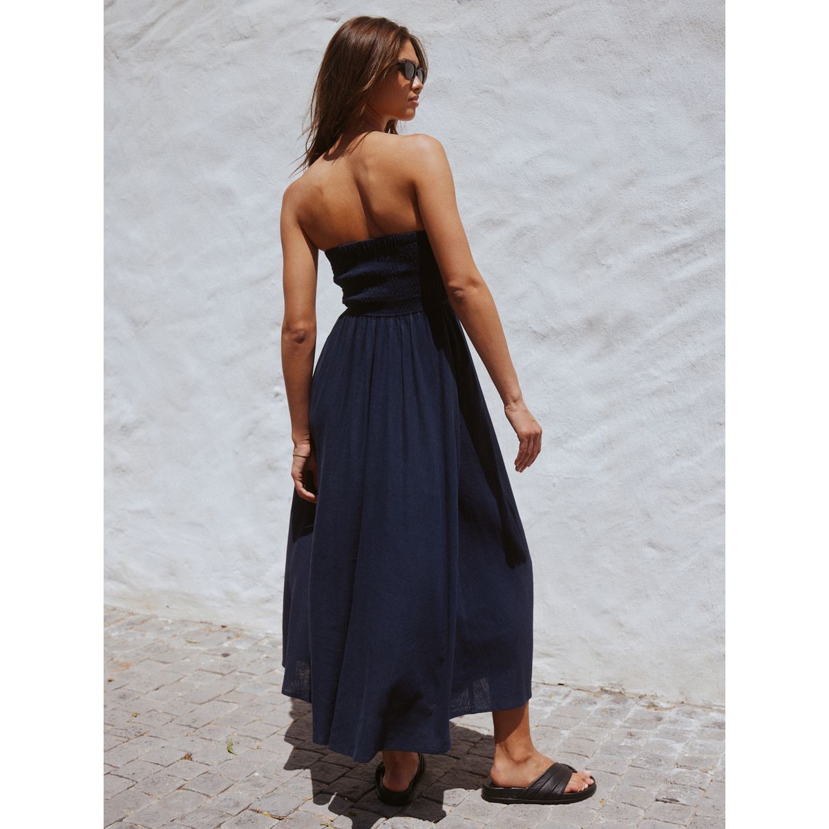 Robe bandeau mi-longue froncée bleu marine, NEXT