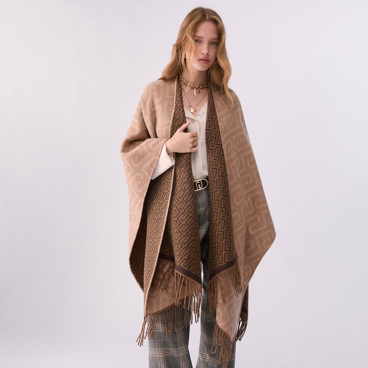 Poncho Jacquard Monogramme camel, LIU JO