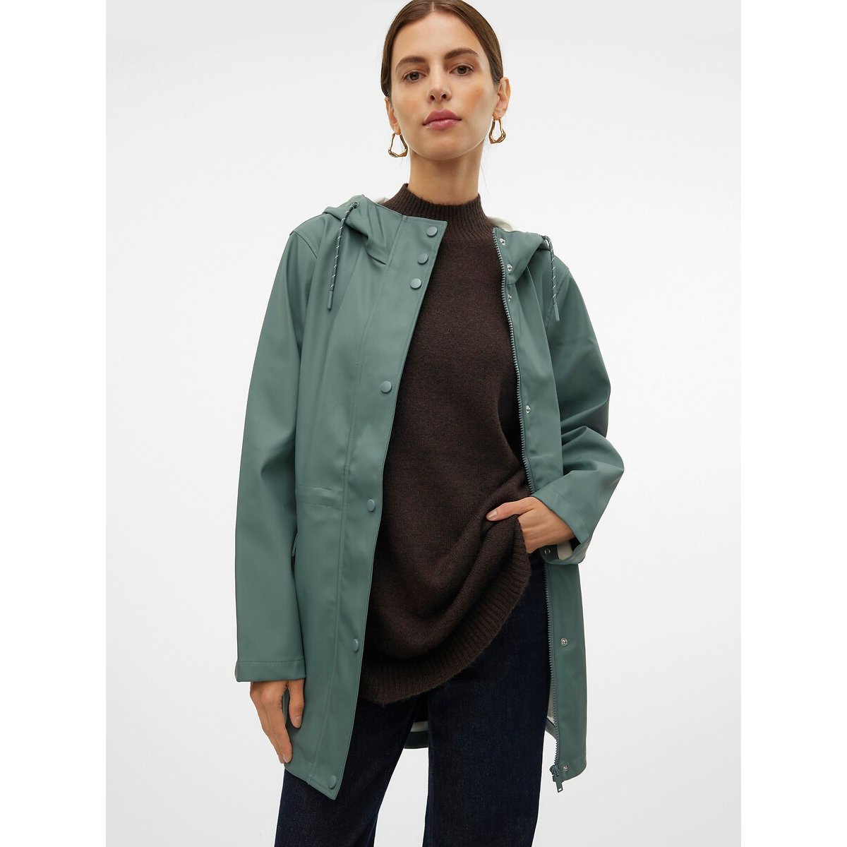 Impermeável com capuz, comprimento médio verde, VERO MODA