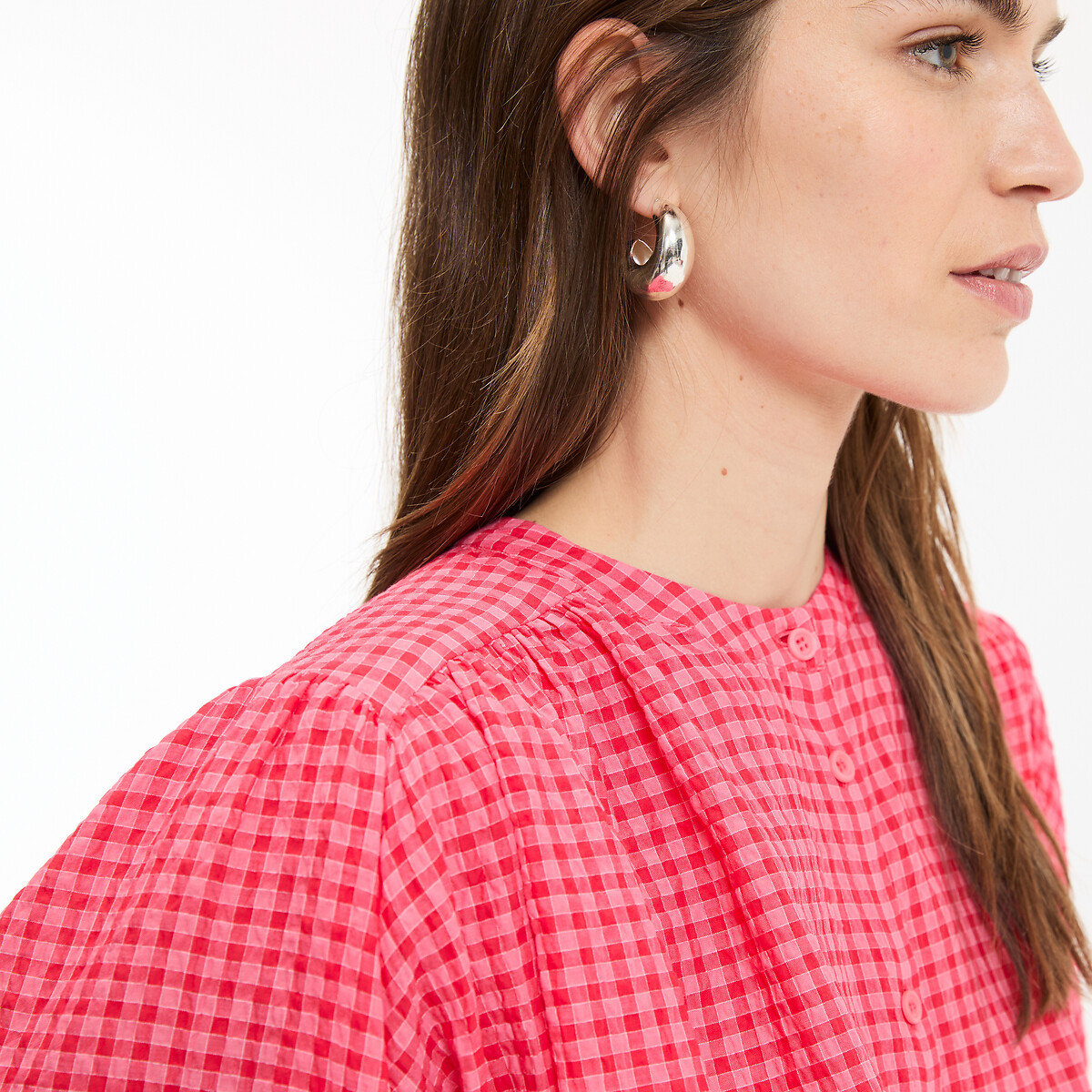 Chemise col mao à carreaux, volume oversize, en coton, Signature BERTHE carreaux rouge, LA REDOUTE COLLECTIONS