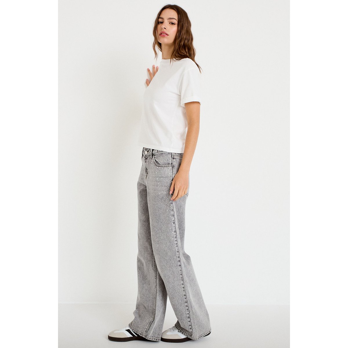 Jean wide leg taille basse strass denim gris, CACHE CACHE