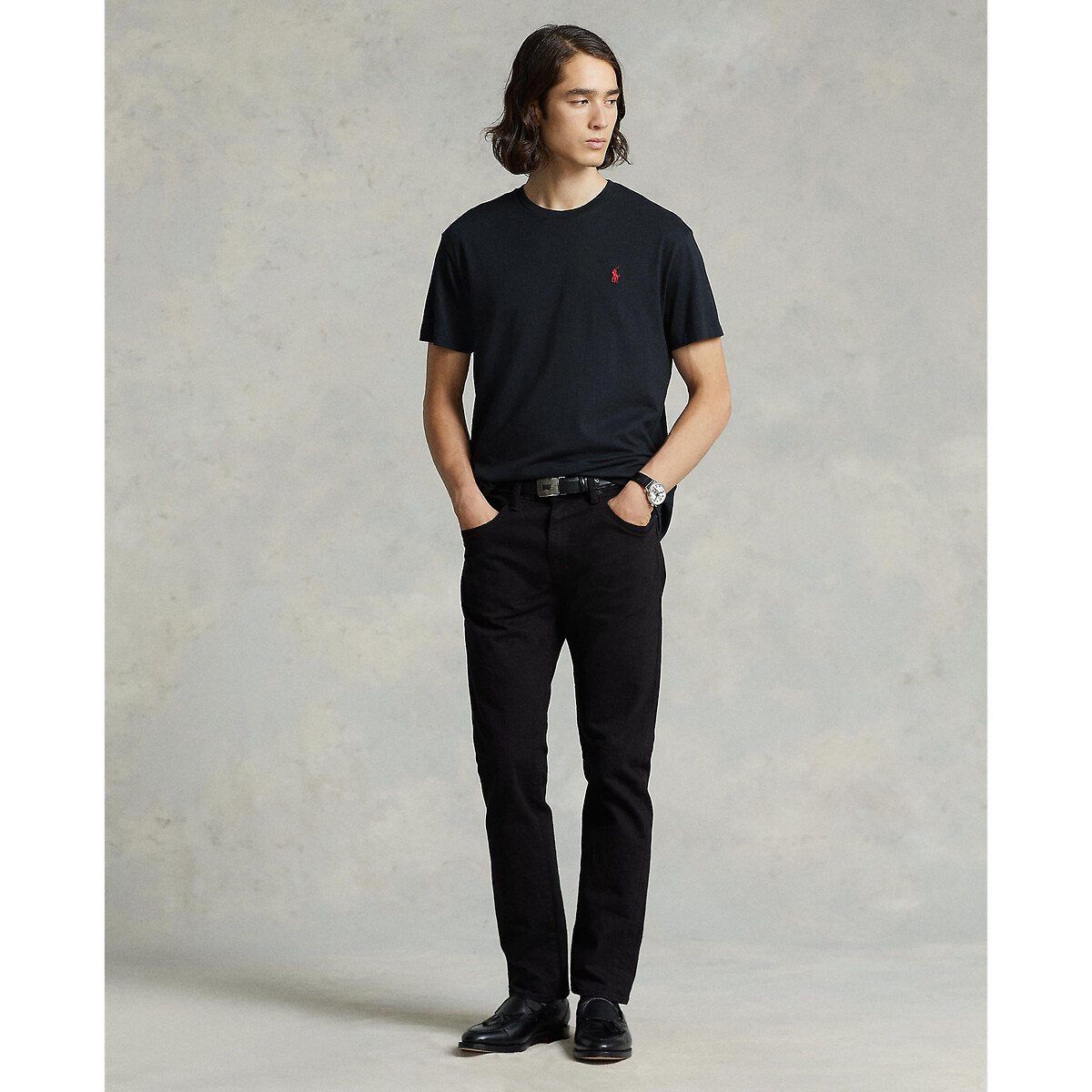 T-shirt de gola redonda de ajuste fino em jersey preto , POLO RALPH LAUREN