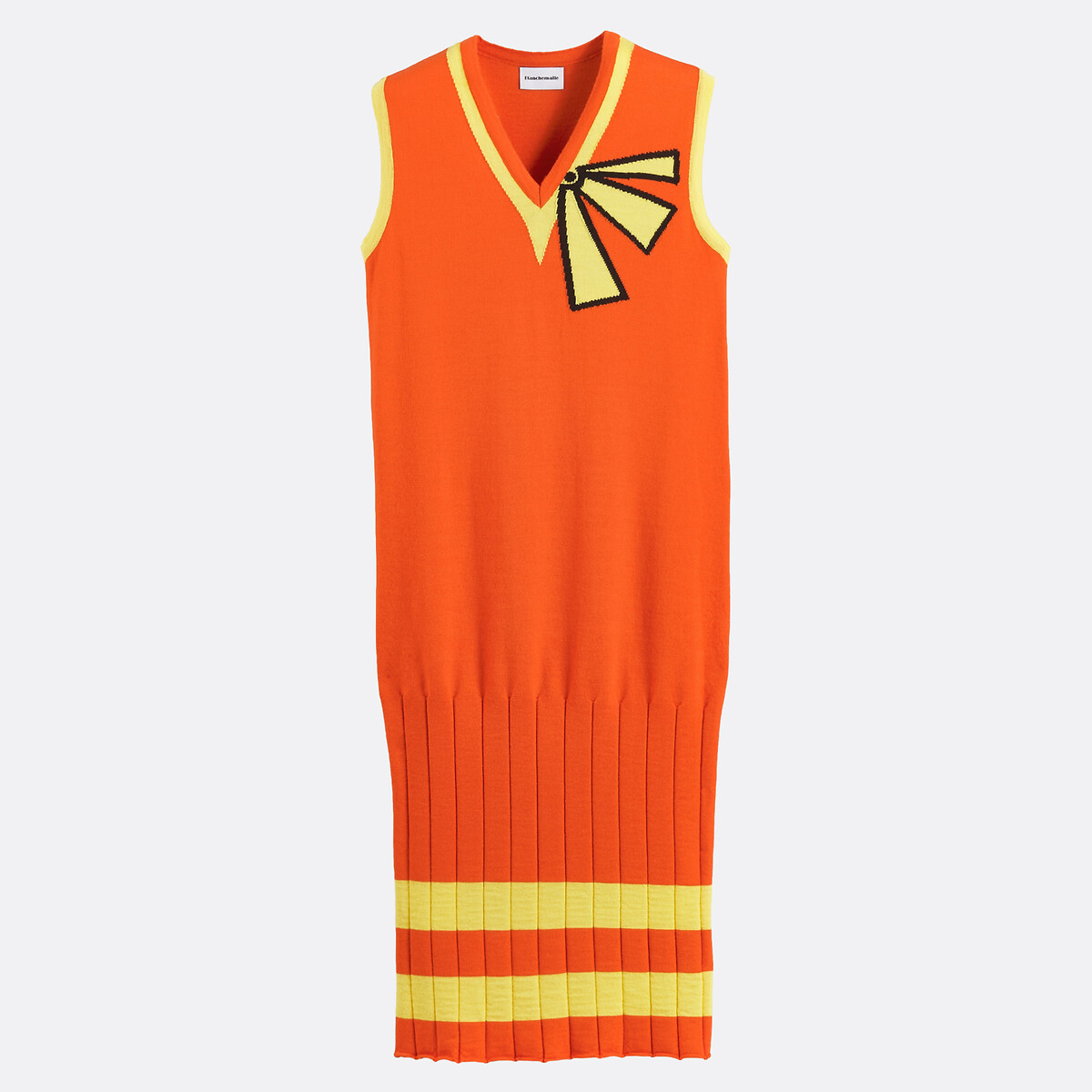 Graphic Merino Wool Sleeveless V-Neck Mid-Length Shift Dress orange, BLANCHEMAILLE