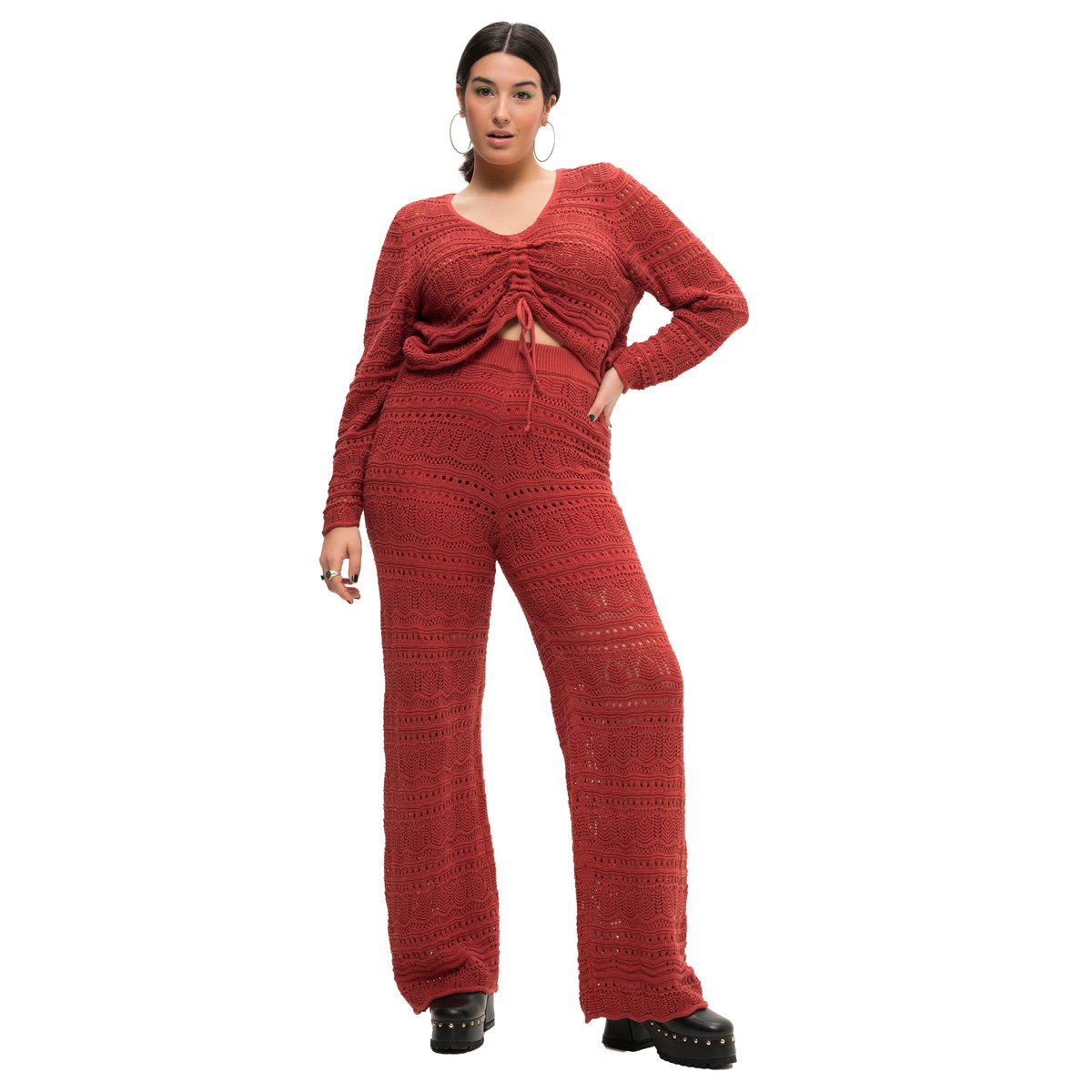 Pantalon en maille ajourée à coupe large rouge brique, STUDIO UNTOLD
