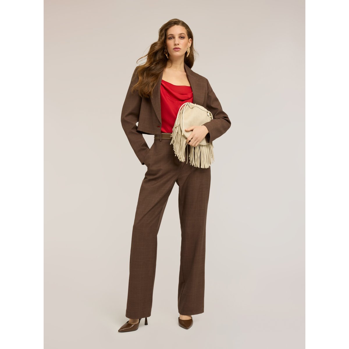Pantalon palazzo à carreaux marron, MOTIVI