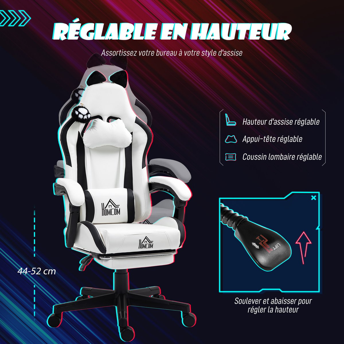 Fauteuil gaming Plastique Blanc blanc, noir, HOMCOM