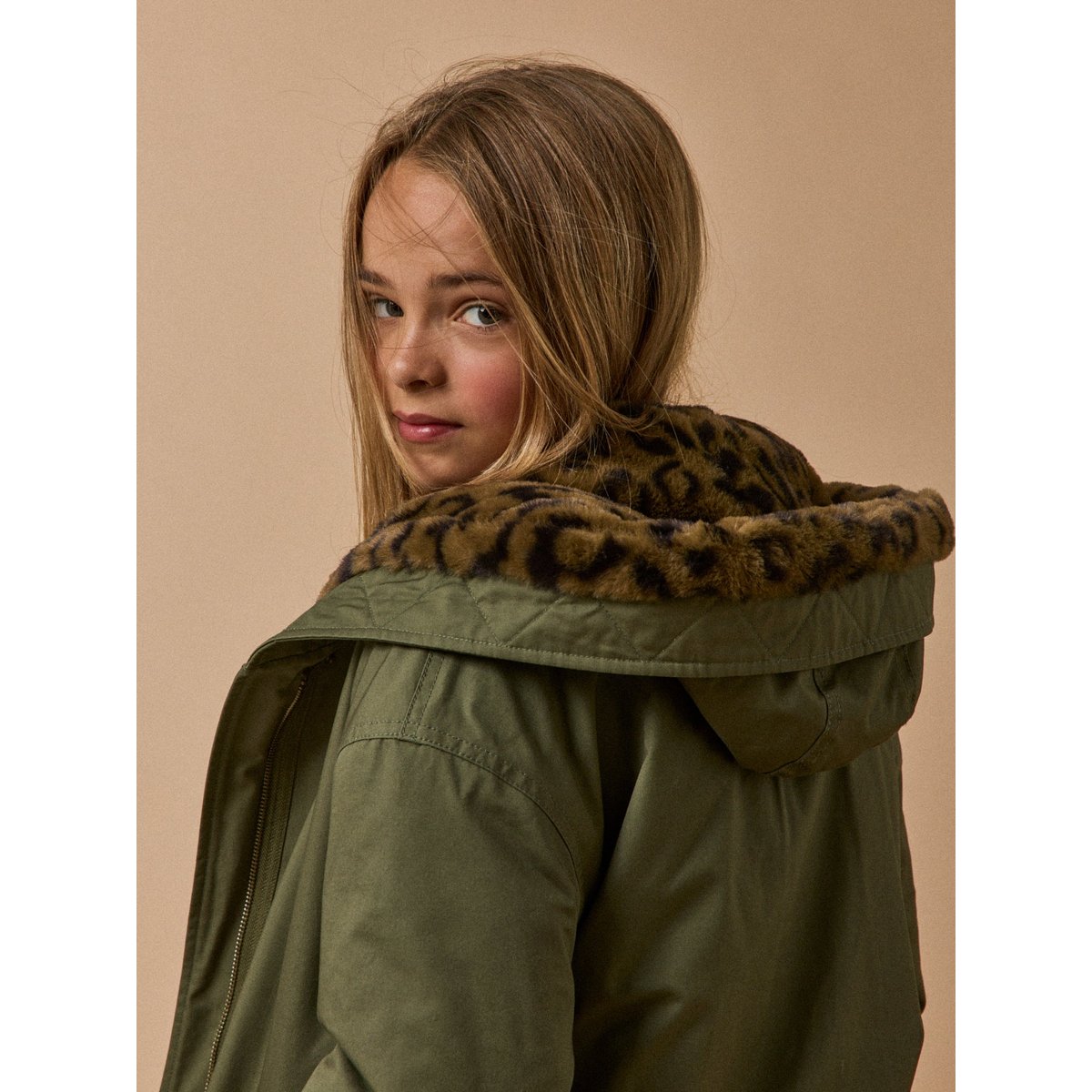 Parka courte doublée léopard - Collection JUNIOR vert olive, CYRILLUS