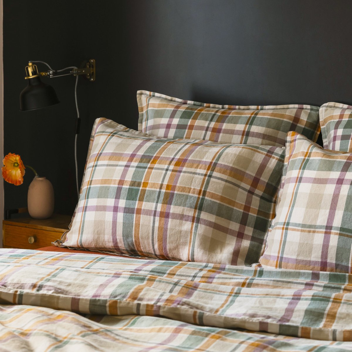 Housse de couette en métis lin et coton, PASSION MADRAS curcuma, BLANC CERISE