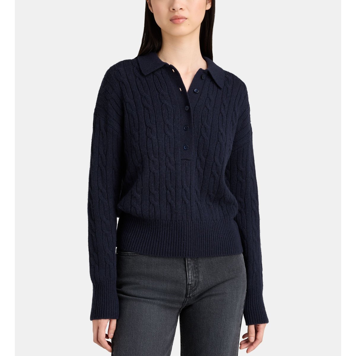 Pull droit col polo orwell torsades et boutons coton et laine bleu marine, JODHPUR