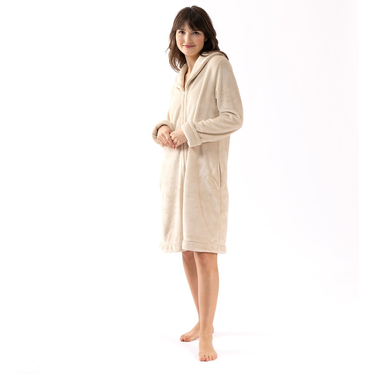 Robe de chambre zipée en peluche flanelle ESSENTIEL H56B beige, LE CHAT