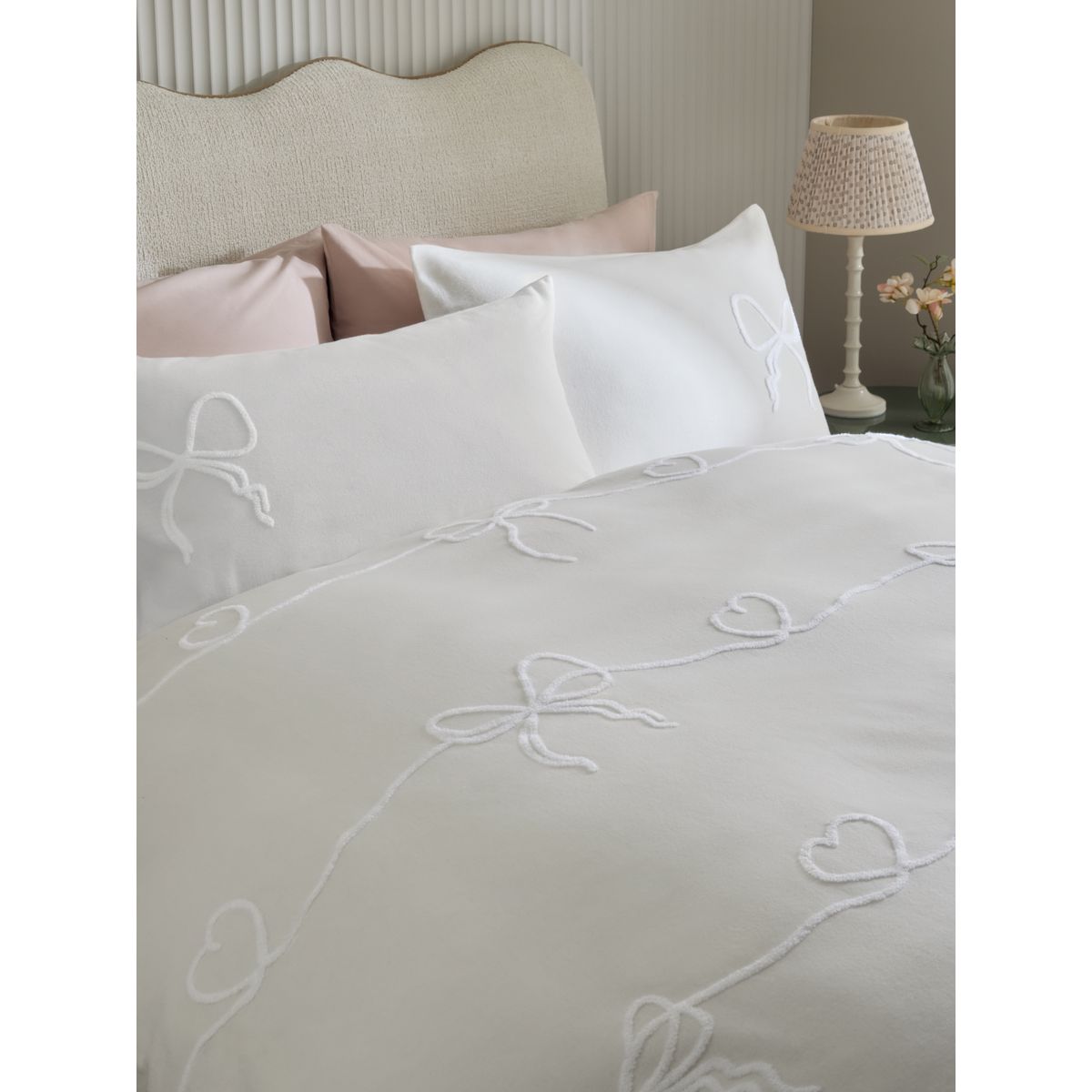 Parure housse et taie en coton brossé tufté blanc, NEXT