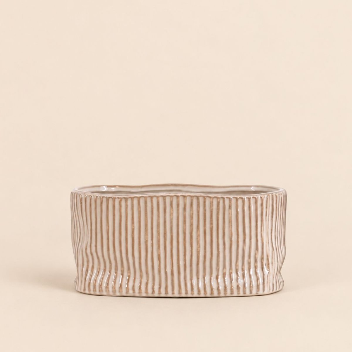 Cache-pot ovale en céramique striée 26x15cm marron, ORNAMI