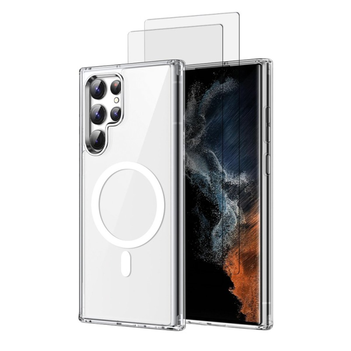 Coque Anti-choc Magnétique compatible Magsafe pour Galaxy S22 Ultra 5g Transparente + 2 vitres transparent, EVETANE
